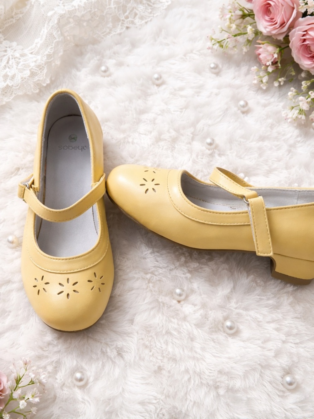 SOBEYO Girls' Yellow Mary Jane Dress Shoes with Floral Cutouts